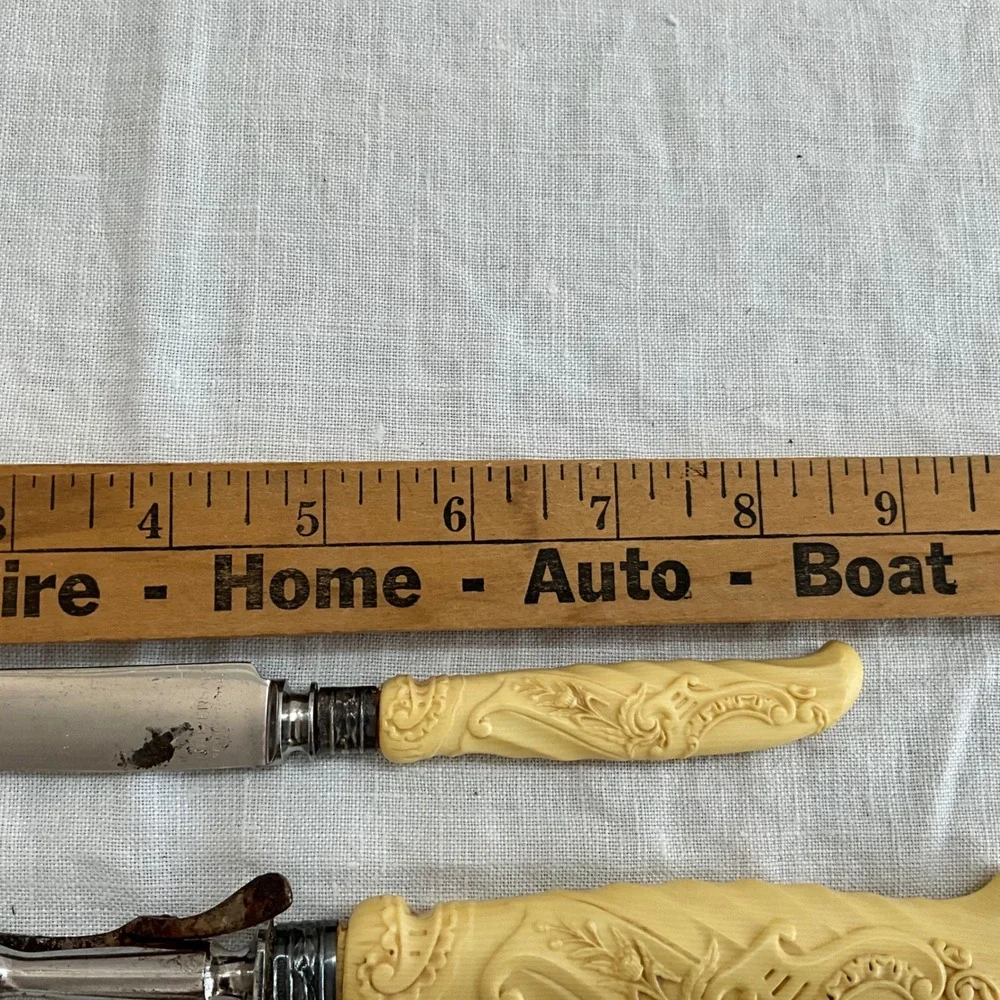 Universal‎ Vintage Carving Set Faux Bone Celluloid Floral Scroll Stainless Steel
